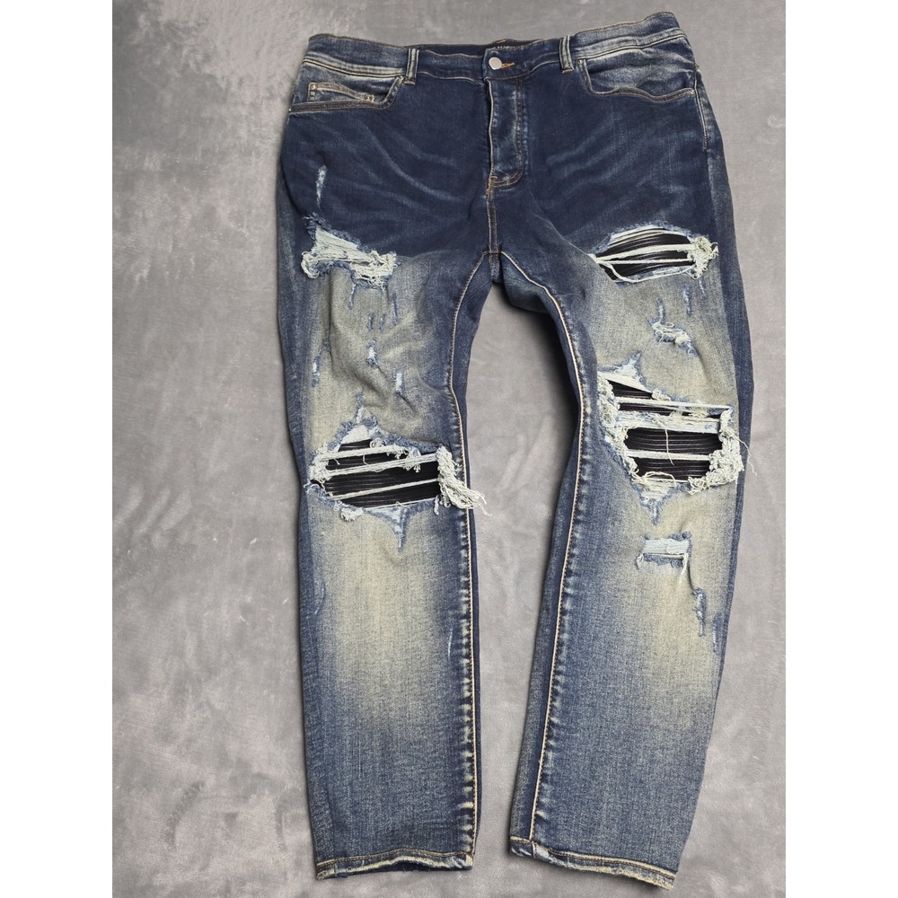 Amiri Jeans Size 38 MX1 Distressed Black Leather Patch Stretch Skinny Blue Wash
